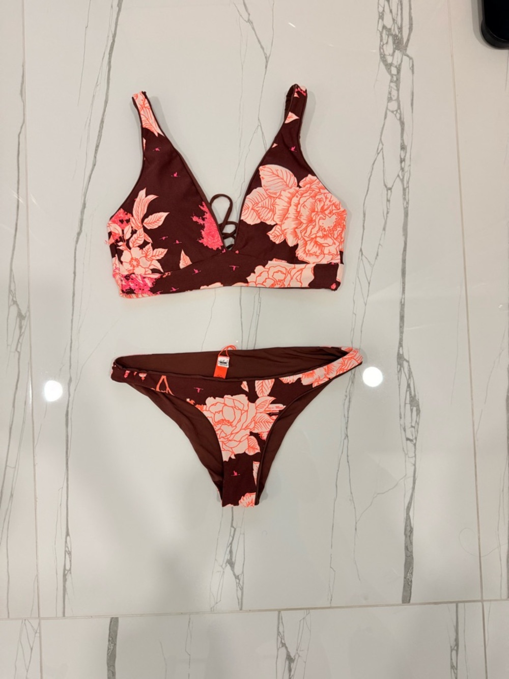 Maaji, Floral Two-Piece Bikini Set in Chocolate Brown & Coral size Small